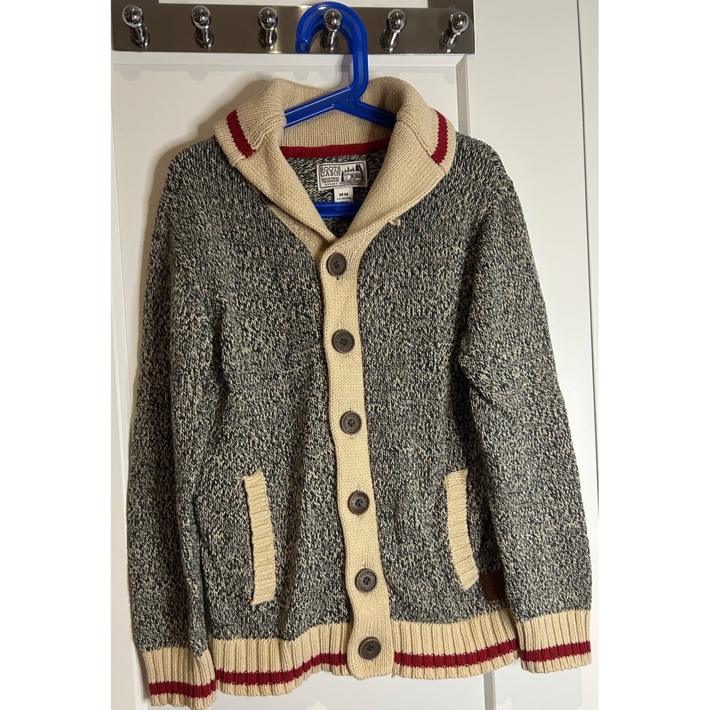 Roots Cabin Kids Shawl Collar Cardigan Sweater Salt Pepper Gray Red Size M 7-8